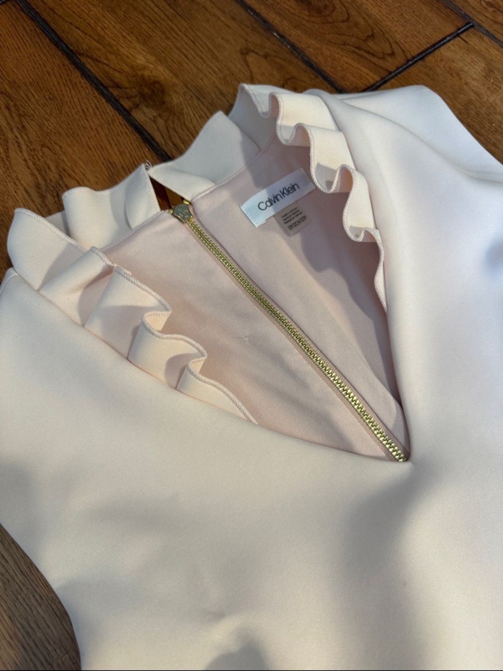 Calvin Klein Cream Ruffle V-Neck Midi Sheath Dress - Picture 3 of 7